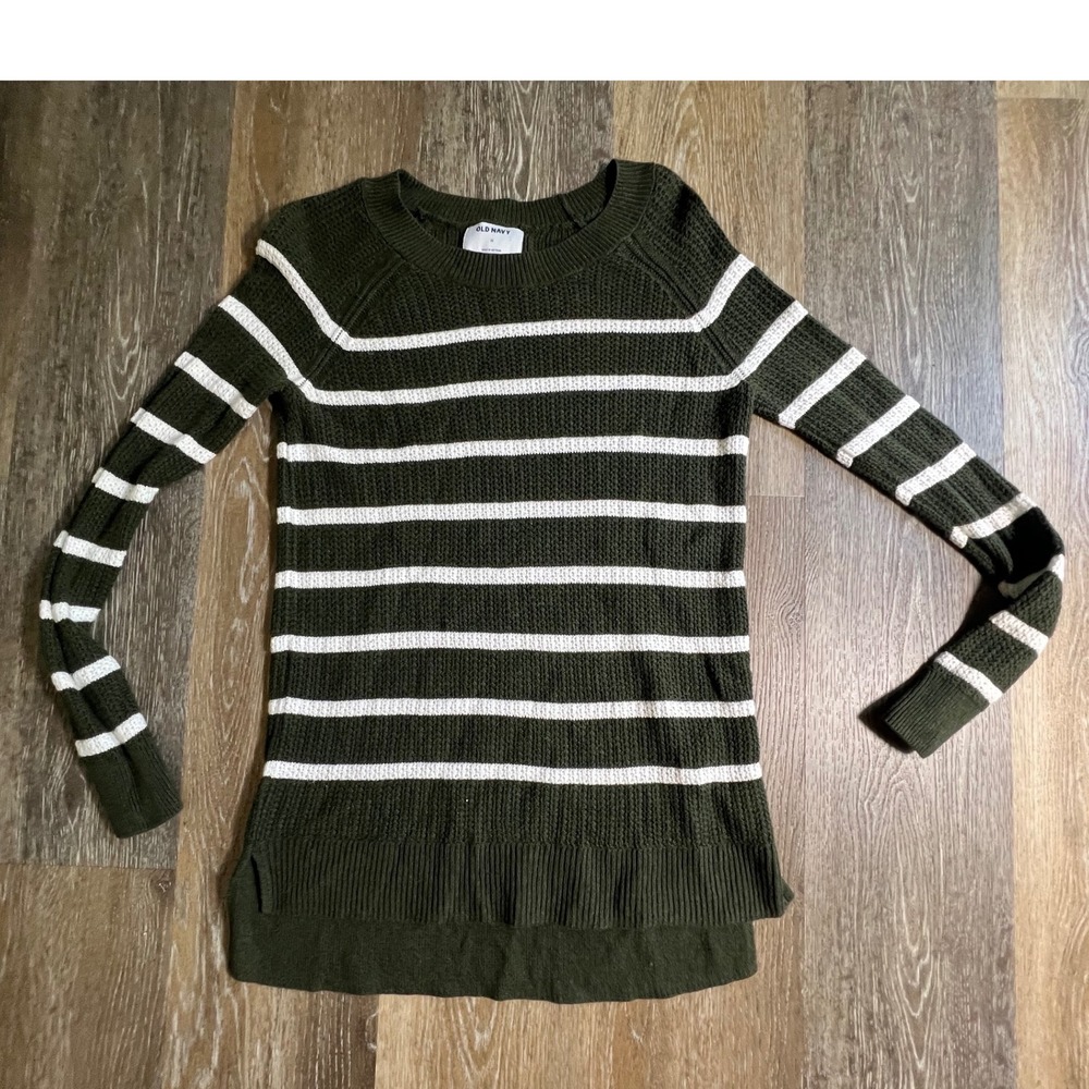 Old Navy Sweater Women XS Green Striped Knit High Low Raglan Sleeve Crew Neck‎